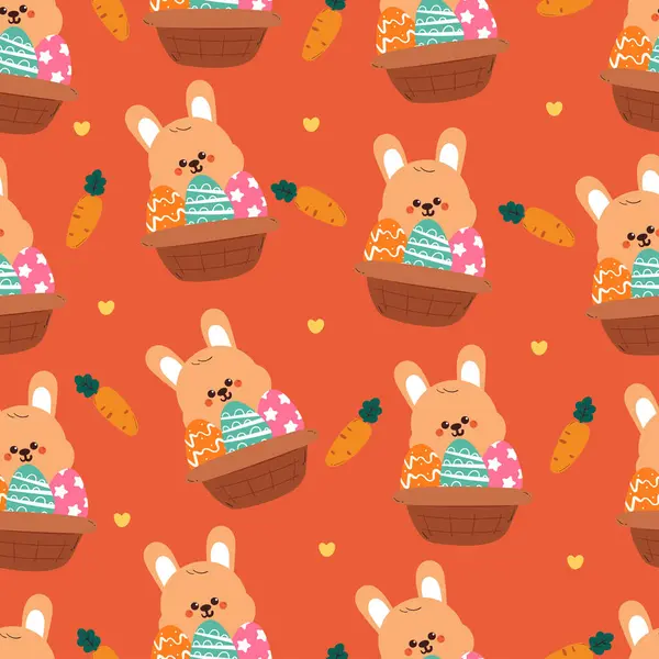 Kusursuz desenli yumurta sepetli sevimli çizgi film tavşanı. şirin paskalya duvar kağıdı ve arkaplanı
