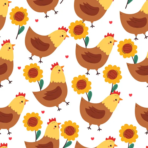 Kusursuz desenli şirin çizgi film tavuğu ve çiçeği. sevimli hayvan deseni ve duvar kağıdı