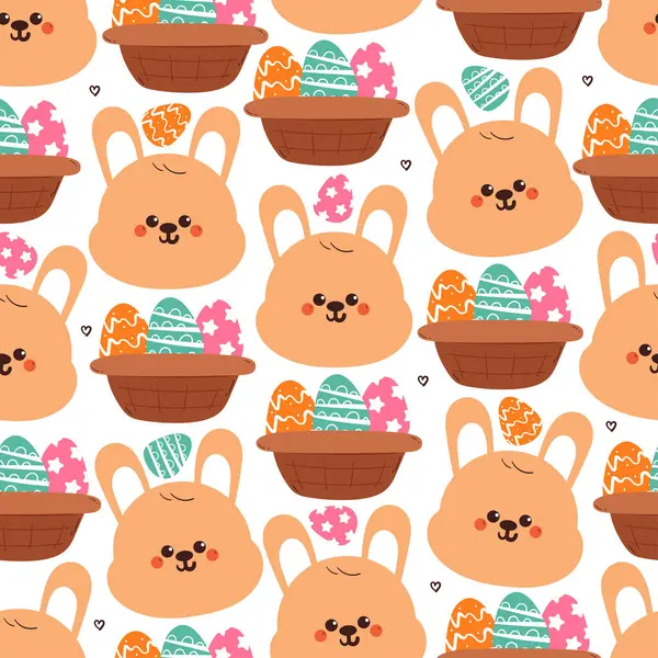 Kusursuz desenli yumurta sepetli sevimli çizgi film tavşanı. şirin paskalya duvar kağıdı ve arkaplanı