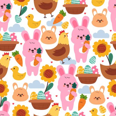 Kusursuz desenli şirin çizgi film tavşanı ve sepet dolusu paskalya yumurtası. şirin paskalya duvar kağıdı, desen, arkaplan