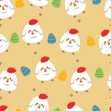 Kusursuz desenli, paskalya yumurtalı çizgi film tavuğu. Paskalya duvar kağıdı ve arkaplan için sevimli hayvan deseni