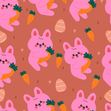 Havuçlu ve paskalya yumurtalı, kusursuz desenli şirin çizgi film tavşanı. şirin paskalya duvar kağıdı ve arkaplanı