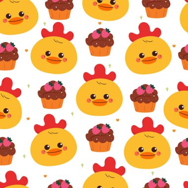 Kusursuz desenli, çikolatalı kekle sevimli çizgi film pilici. Duvar kağıdı, arkaplan ve hediye paketi kağıdı için sevimli hayvan deseni