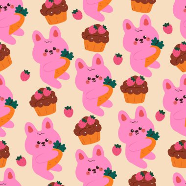 Kusursuz desenli tatlı çizgi film tavşanı ve çikolatalı kek. şirin duvar kağıdı ve arkaplan