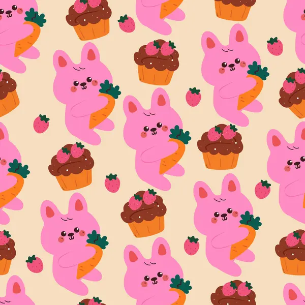 Kusursuz desenli tatlı çizgi film tavşanı ve çikolatalı kek. şirin duvar kağıdı ve arkaplan