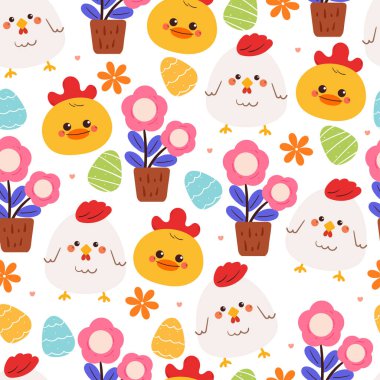 Kusursuz desenli şirin çizgi film tavuğu, çiçekli piliç ve paskalya yumurtası. Duvar kağıdı ve arkaplan için sevimli hayvan deseni