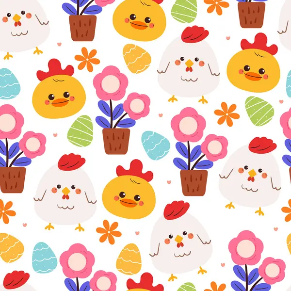 Kusursuz desenli şirin çizgi film tavuğu, çiçekli piliç ve paskalya yumurtası. Duvar kağıdı ve arkaplan için sevimli hayvan deseni