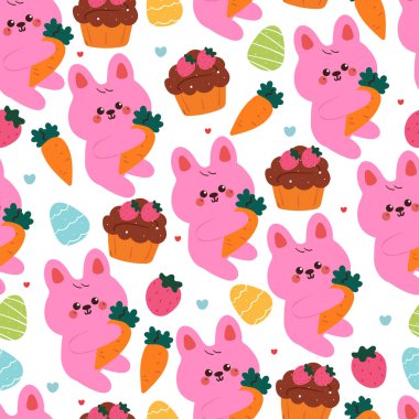 Kusursuz desenli, çikolatalı kek ve paskalya yumurtalı sevimli çizgi film tavşanı. şirin duvar kağıdı ve arkaplan