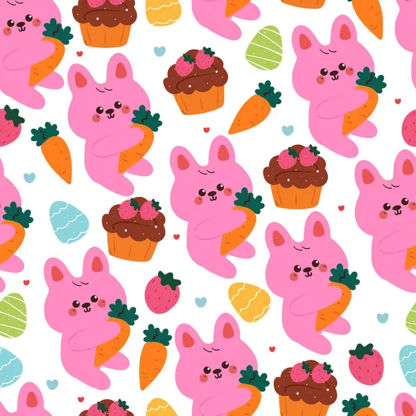 Kusursuz desenli, çikolatalı kek ve paskalya yumurtalı sevimli çizgi film tavşanı. şirin duvar kağıdı ve arkaplan