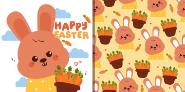Paskalya tatili için şirin bir kart ve desen. Paskalya temalı kart ve desenli tavşan, yumurta ve havuç