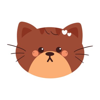 Sevimli çizgi film çizimi, kahverengi kedi kafası ve aşk iğnesi. Çıkartma ve simge için şirin hayvan karalaması