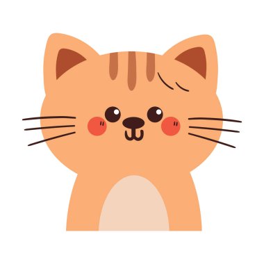 Kahverengi kedi gülümseyen sevimli çizim. Çıkartma ve simge için şirin hayvan karalaması