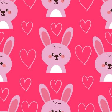 Kusursuz desenli, kalbi olan pembe renkli sevimli çizgi film tavşanı. sevimli hayvan duvar kağıdı ve arkaplan