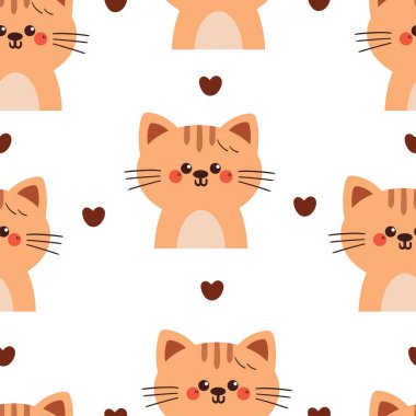 Kalpli kusursuz çizgi film kedisi. Duvar kağıdı, arkaplan ve hediye paketi kağıdı için sevimli hayvan deseni