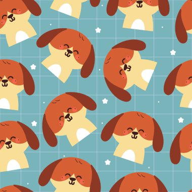 Kusursuz desenli sevimli çizgi film köpeği gülümsüyor. Duvar kağıdı, arkaplan ve hediye paketi kağıdı için hayvan deseni