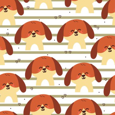 Kusursuz desenli şirin çizgi film köpeği mutlu bir şekilde gülümsüyor. Duvar kağıdı, arkaplan ve hediye paketi kağıdı için hayvan deseni