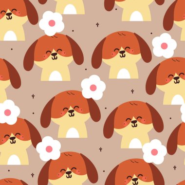 Kusursuz desenli, çiçeklerle gülümseyen sevimli çizgi film köpekleri. Duvar kağıdı, arkaplan ve hediye paketi kağıdı için hayvan deseni