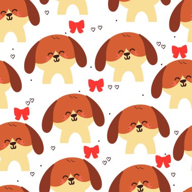 Kusursuz desenli şirin çizgi film köpeği mutlu bir şekilde gülümsüyor. Duvar kağıdı, arkaplan ve hediye paketi kağıdı için hayvan deseni