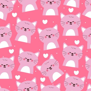 Kusursuz desenli, gülen gözlü çizgi film kedisi. Duvar kağıdı, arkaplan ve hediye paketi kağıdı için sevimli hayvan deseni