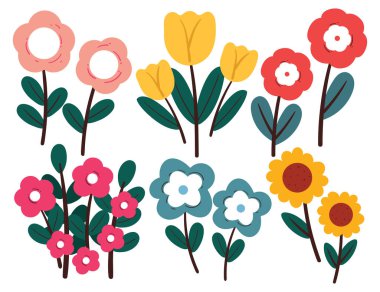 Sevimli el çizgi film çiçekleri çiziyor ve çıkartma seti bırakıyor. Şirin bitki ve botanik, karalama seti