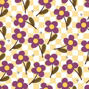 Kusursuz desenli çizgi film çiçekleri ve yaprakları. Şirin botanik duvar kâğıdı ve hediye paketi için desen