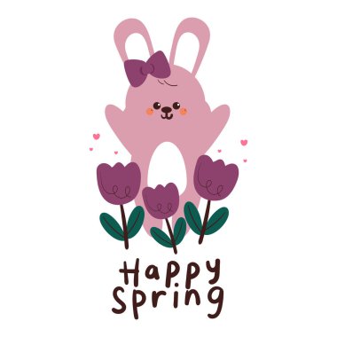 Bahar kartı olarak karikatür lale çiçekleri çizen sevimli bir tavşan. Bahar kartı, duvar kağıdı ve arkaplan için sevimli hayvan karalaması