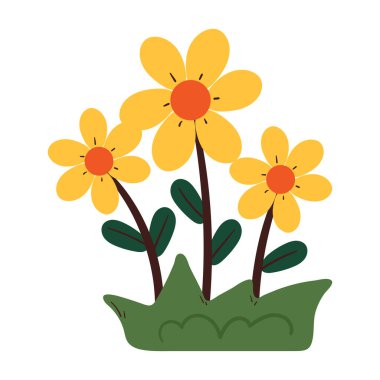 Karikatür çizen sarı çiçek ve yeşil yapraklar. Şirin bitki karalaması