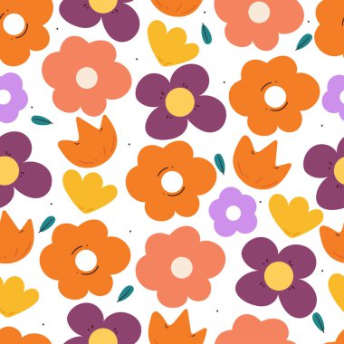 Kusursuz desenli çizgi film çiçekleri ve yaprakları. Şirin botanik duvar kâğıdı ve hediye paketi için desen