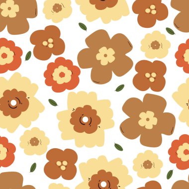 Kusursuz desenli çizgi film çiçekleri ve yaprakları. Şirin botanik duvar kâğıdı ve hediye paketi için desen