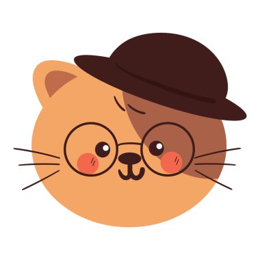 Siyah şapka ve gözlük takan sevimli, çizgi film karakteri kahverengi kedi kafası. Çıkartma ve simge için şirin hayvan karalaması