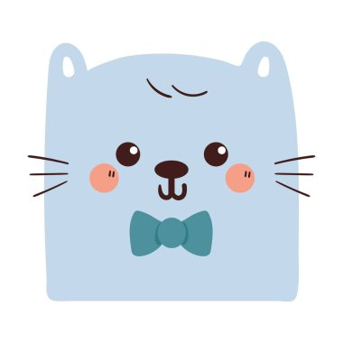 Mavi papyonlu kahverengi kedi çizgi filmi. Çıkartma ve simge için şirin hayvan karalaması