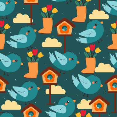 Çiçekli, kuş yuvalı ve mavi bulutlu kusursuz desenli çizgi film kuşları. Duvar kağıdı, arkaplan ve hediye paketi kağıdı için sevimli hayvan deseni