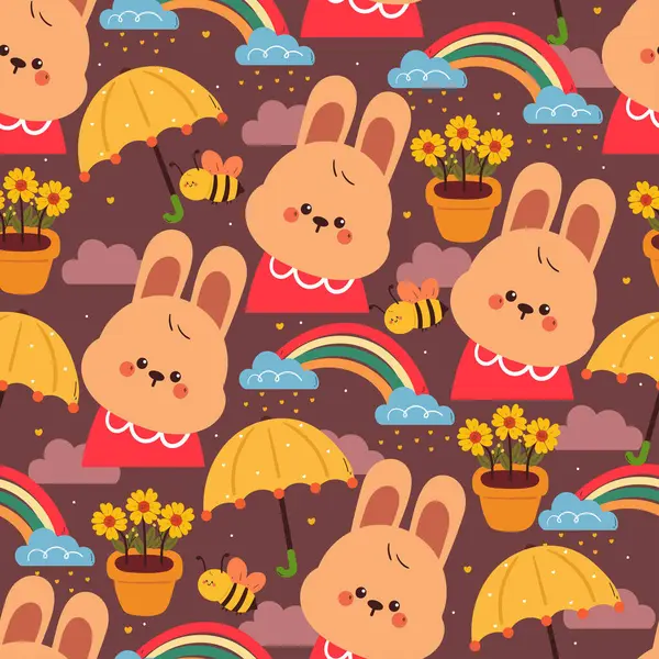 Kusursuz desenli, çiçek, arı ve gökyüzü elementli sevimli çizgi film tavşanı. Duvar kağıdı ve arkaplan için sevimli hayvan çizimi