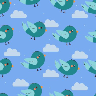 Kusursuz desenli mavi bulutlu çizgi film kuşları. Duvar kağıdı, arkaplan ve hediye paketi kağıdı için sevimli hayvan deseni