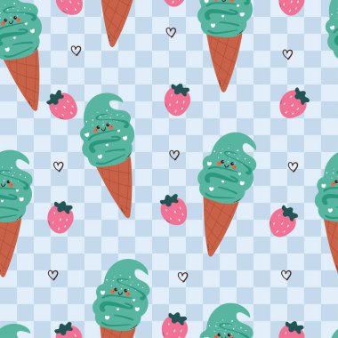 Çilekli, kusursuz çizgi film dondurması. Duvar kağıdı, arkaplan ve hediye paketi için tatlı deseni