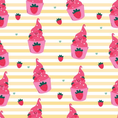 Kusursuz desenli çilekli dondurma. Duvar kağıdı, arkaplan ve hediye paketi için tatlı deseni