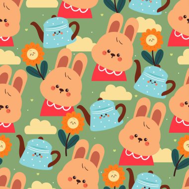 Kusursuz desenli, çiçekli ve su kablı sevimli çizgi film tavşanı. Bahar duvar kağıdı ve arkaplan için sevimli hayvan çizimi