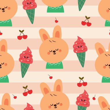 Kusursuz desenli tatlı çizgi film tavşanı ve çilekli dondurma karakteri. Duvar kağıdı ve arkaplan için sevimli hayvan çizimi