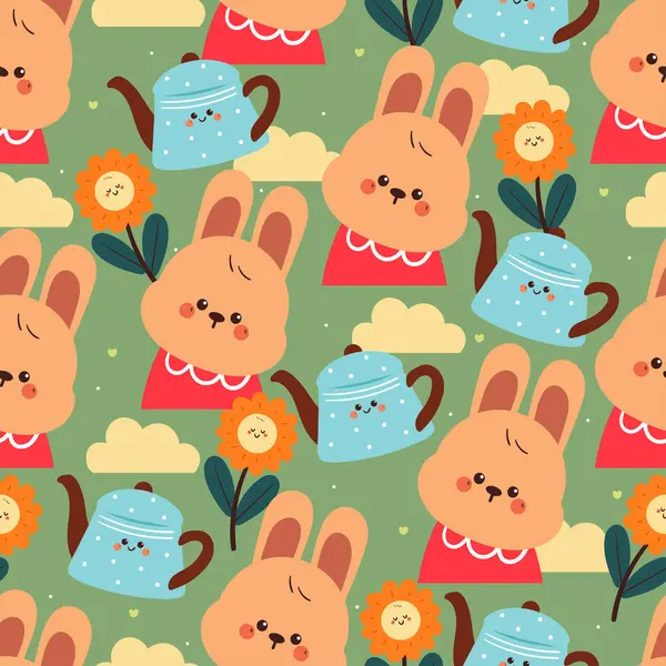 Kusursuz desenli, çiçekli ve su kablı sevimli çizgi film tavşanı. Bahar duvar kağıdı ve arkaplan için sevimli hayvan çizimi
