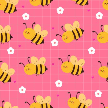 Çiçekli kusursuz desenli çizgi film arısı. Duvar kağıdı, arkaplan ve hediye paketi kağıdı için sevimli hayvan deseni