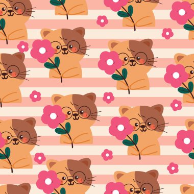 Gözlük takan kusursuz çizgi film kedisi pembe çiçek tutuyor. Duvar kağıdı, arkaplan ve hediye paketi kağıdı için sevimli hayvan deseni
