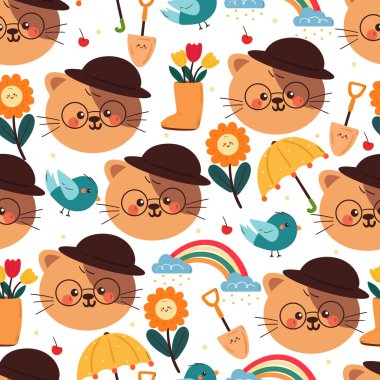 Şapka çiçekleri ve bahar şeyleri takan kusursuz desenli çizgi film kedisi. Duvar kağıdı, arkaplan ve hediye paketi kağıdı için sevimli hayvan deseni