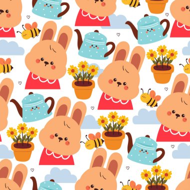 Kusursuz desenli, çiçekli ve su kablı sevimli çizgi film tavşanı. Bahar duvar kağıdı ve arkaplan için sevimli hayvan çizimi