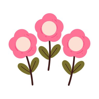 El çizimi karikatür üç pembe çiçek ve yeşil yapraklar. Şirin bitki karalaması