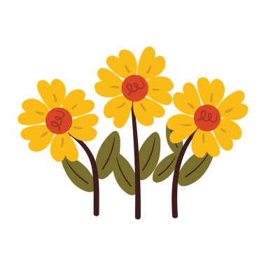 Karikatür çizen sarı çiçek ve yeşil yapraklar. Şirin bitki karalaması