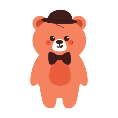 Siyah şapka ve siyah fiyonk takan sevimli çizgi film ayısı. Çıkartma, karalama çıkartması için sevimli çizim