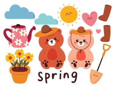 Çizgi film ayıları ve bitki setiyle çizilmiş el çizimi yay çıkartması. Bahar sezonu için şirin çıkartma, karalama seti