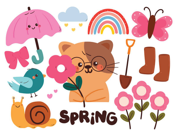 hand drawing cartoon spring sticker set with cartoon animals and plant stuff. cute sticker for spring season, doodle set