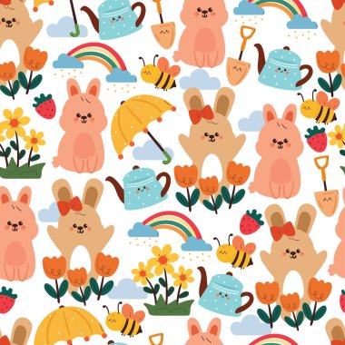 Kusursuz desenli şirin çizgi film tavşanı. Arılar ve bahar şeyleri. Bahar duvar kağıdı ve arkaplan için sevimli hayvan çizimi