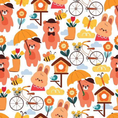 Kusursuz desenli şirin çizgi film ayısı ve çiçekli tavşan ve su kabı. Bahar duvar kağıdı ve arkaplan için sevimli hayvan çizimi